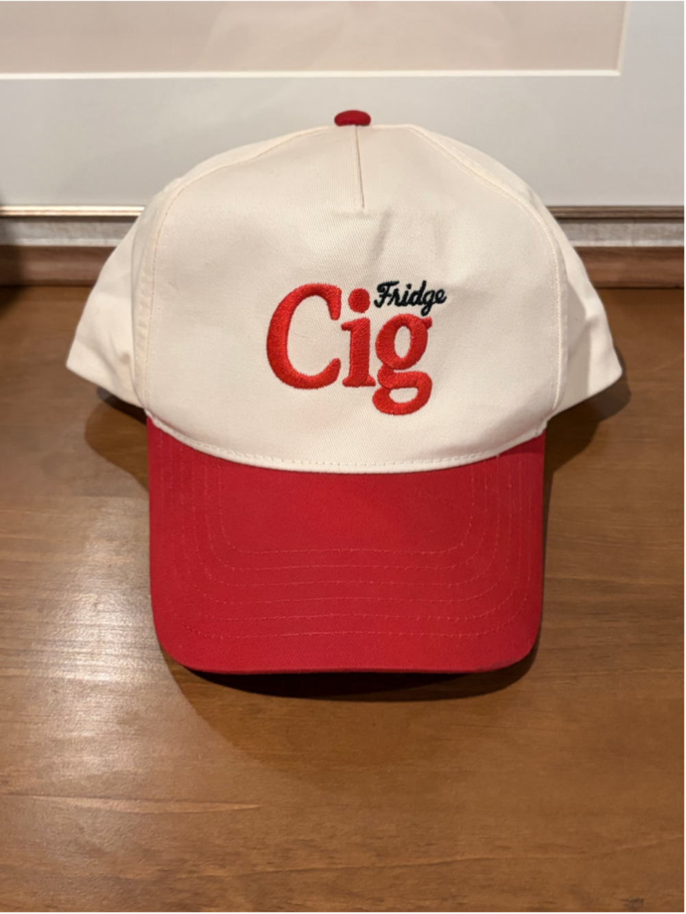 Fridge Cig Graphic Snapback Hat Two Tone Red White Baseball Cap EUC